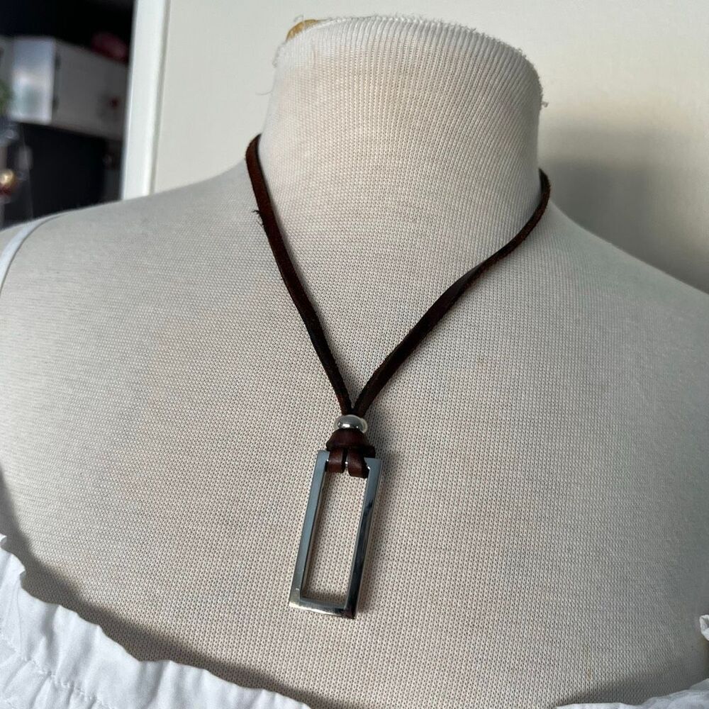 Leather Cord Necklace Silver Tone Rectangular Pendant Unisex Minimalist